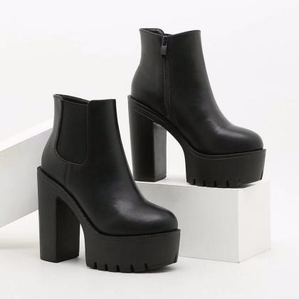 Solid Black Chunky Boots Women Shoes