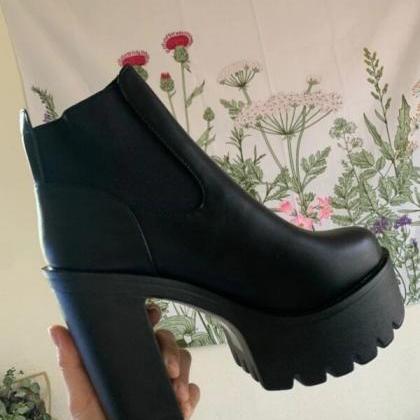 Solid Black Chunky Boots Women Shoes