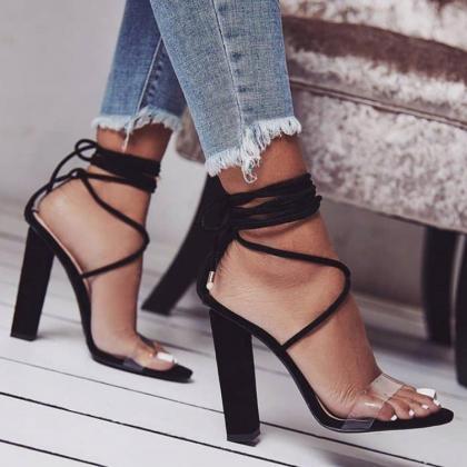 Strappy High Heeled Black Sandals Women Shoes