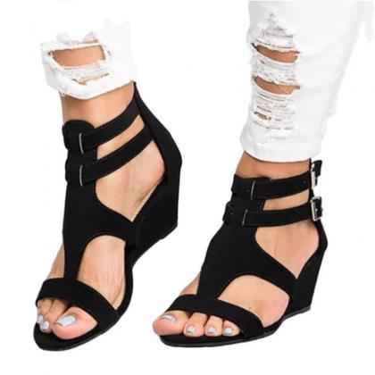 Ankle Strap Black Women Wedge Shoes