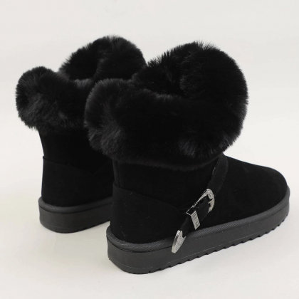 Buckle Decor Slip On Black Women Snow Boots