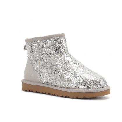 Shiny Sequinned Flat Short Snow Boots Winter Shoes