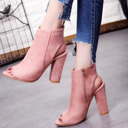Pink Suede Chunky Heels Sandals Wom..