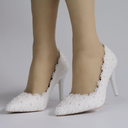 Pearls Detail Lace White Wedding Shoes Women