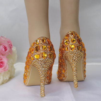 Gold Crystal Women Prom Shoes