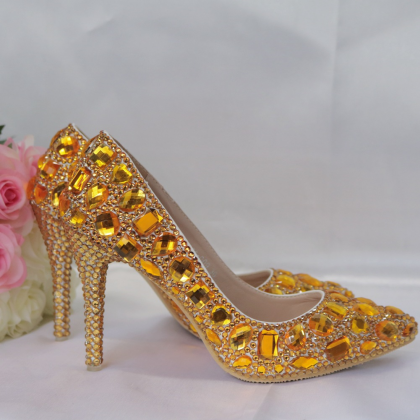 Gold Crystal Women Prom Shoes