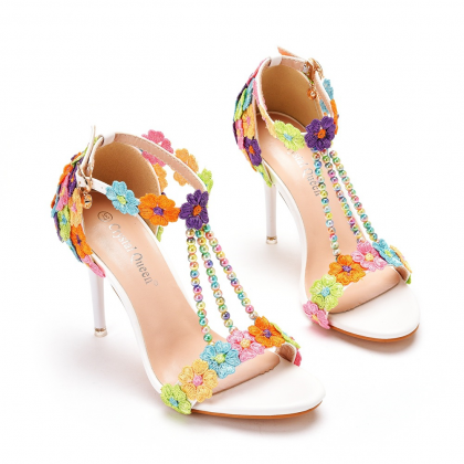 T Straps Colorful Stiletto Heels Sandals Shoes