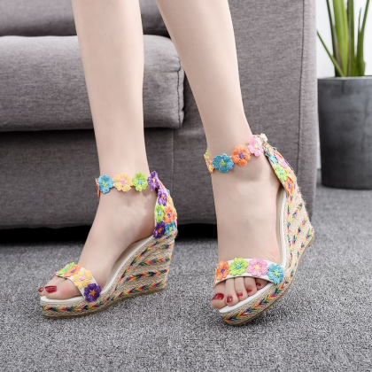 Espadrille Sole Floral Wedge Ankle Strap Sandals
