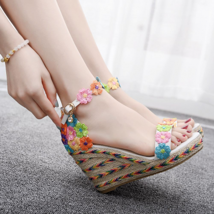 Espadrille Sole Floral Wedge Ankle Strap Sandals