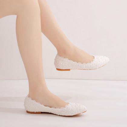 White Lace Flats Wedding Shoes For Women