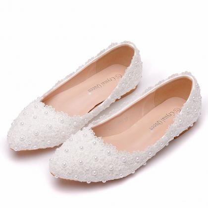 White Lace Flats Wedding Shoes For Women