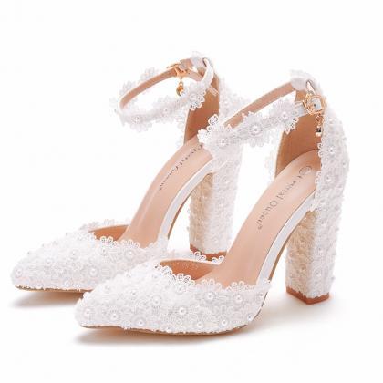 Chunky Heeled White Wedding Shoes Women