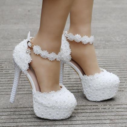White Platform Lace Wedding Shoes Pearls Decor