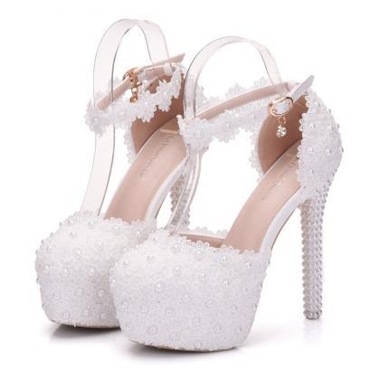 White Platform Lace Wedding Shoes Pearls Decor