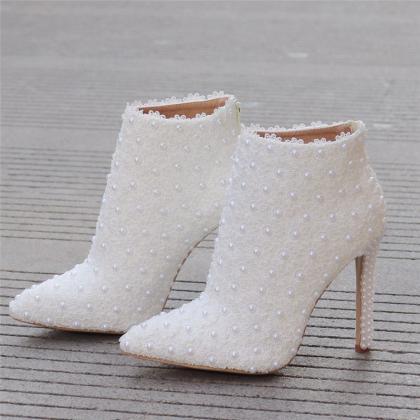 Pearls Decor White Ankle Boots Wedding Shoes