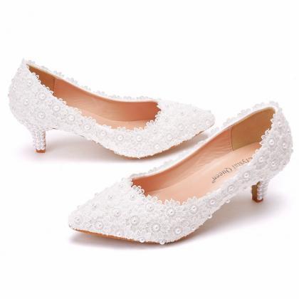White Kitten Heel Wedding Shoes For Brides
