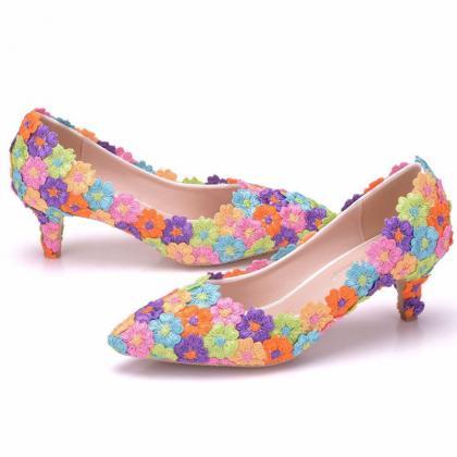 Colorful Lace Kitten Heel Women Shoes