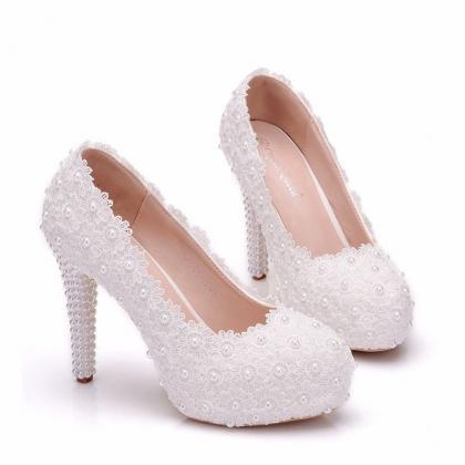 Platform Heels White Lace Wedding Shoes on Luulla