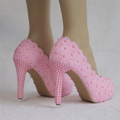 Platform Heels Pink Lace Women Wedding Shoes