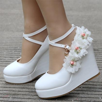 Flower Details Ankle Straps Women White Platform..