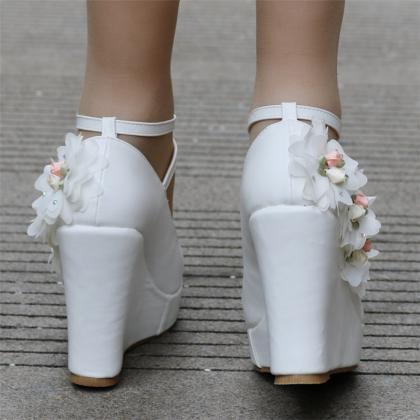 Flower Details Ankle Straps Women White Platform..