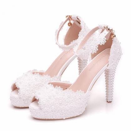 Peep Toe Ankle Strap White Lace Wedding Shoes
