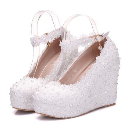 White Lace Wedges Platform Wedding Shoes