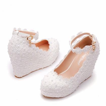 White Lace Wedges Platform Wedding Shoes