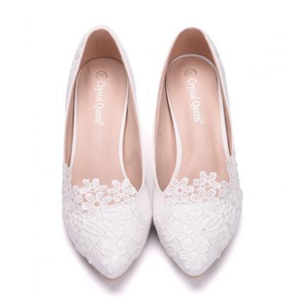 Lace Detals Kitten Heel Wedding Shoes Women