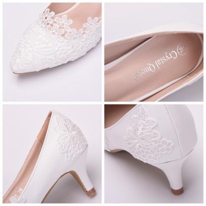 Lace Detals Kitten Heel Wedding Shoes Women