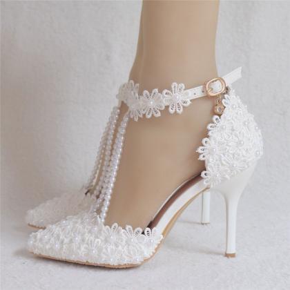 Ankle Straps Summer Wedding Shoes For Brides Lace..
