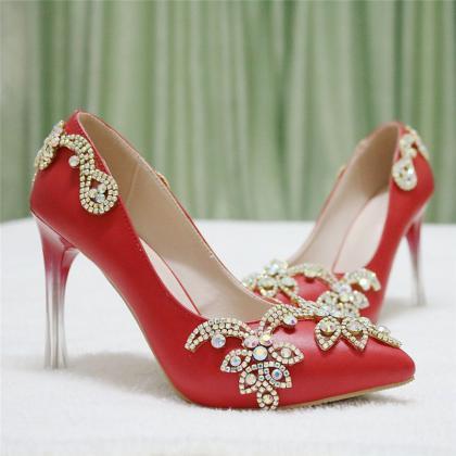 Crystal Decor Red Prom Shoes Women