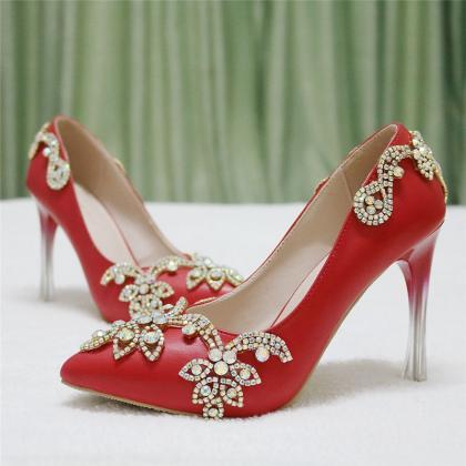 Crystal Decor Red Prom Shoes Women