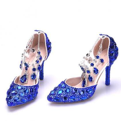 Royal Blue Crystals Women Heels Prom Shoes