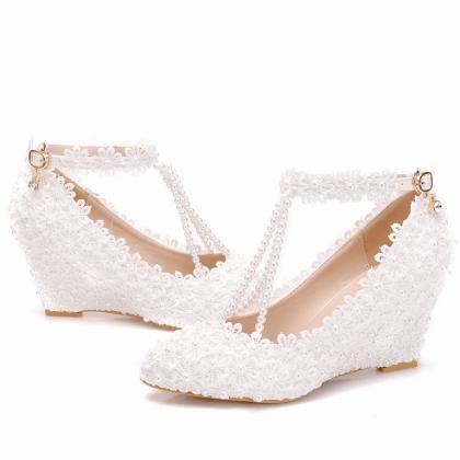 White Lace Wedges Wedding Shoes