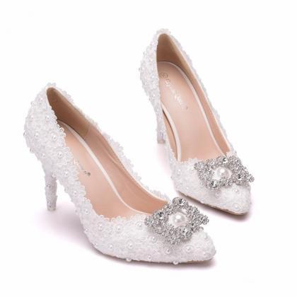 Pearls Decor Lace Wedding Shoes Women