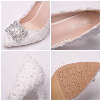 Pearls Decor Lace Wedding Shoes Women