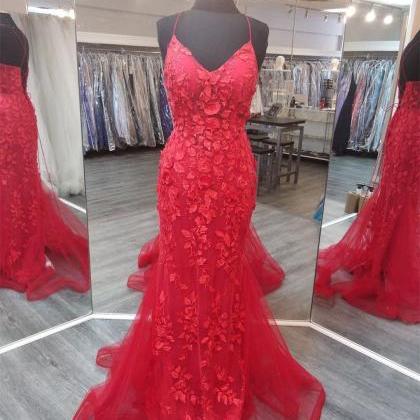 V Neck Red Prom Dresses Evening Gowns With Tie..