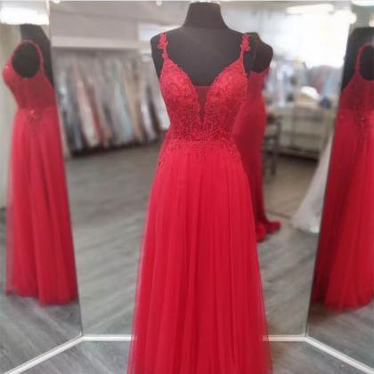 Mesh Plunging Neck Red Prom Dresses Evening Gowns..