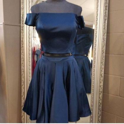 Two Pieces Navy Satin Short Prom Dresses For Hoco..