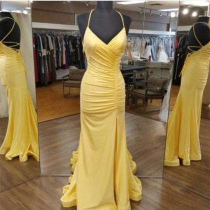 Split Yellow Satin Prom Dresses Evening Gowns With..