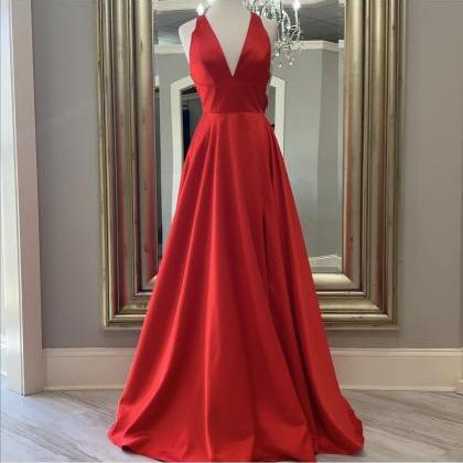 V Neck Red Satin Prom Dresses Evening Gowns With..