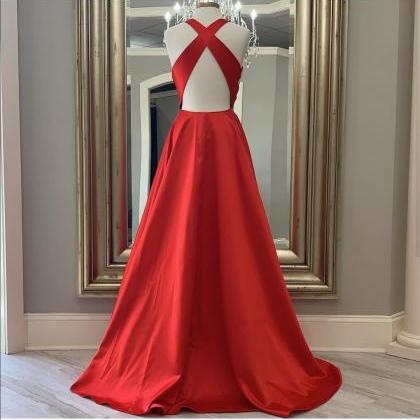 V Neck Red Satin Prom Dresses Evening Gowns With..
