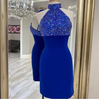 Hich Neck Royal Blue Bodycon Dress With Crystals