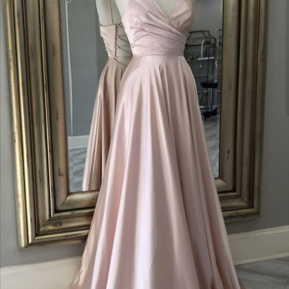 V Neck Prom Dress Long Evening Gown With Tie Back