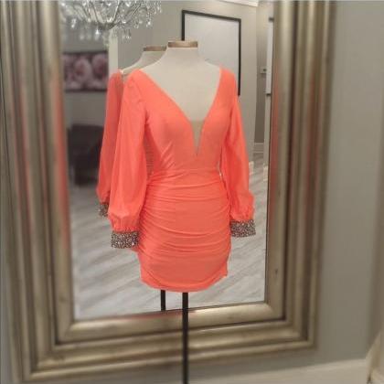 Mesh V Neck Coral Short Bodycon Dress With Long..