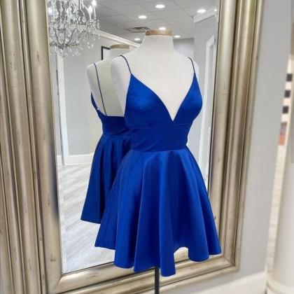 V Neck Royal Blue Short Homecoming Dress With..