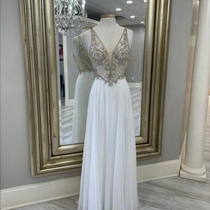 Mesh V Neck White Chiffon Prom Dresses With Beaded..