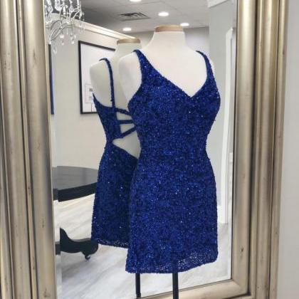 V Neck Royal Blue Sequin Bodycon Dress For Party