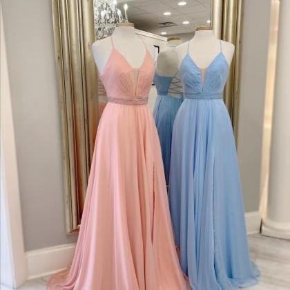 Mesh V Neck Chiffon Long Prom Dresses With Pleated..